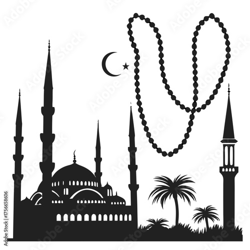 Silhouette of a grand mosque with multiple minarets crescent moon and star prayer beads and palm trees against a white background symbolizing islamic culture and spirituality