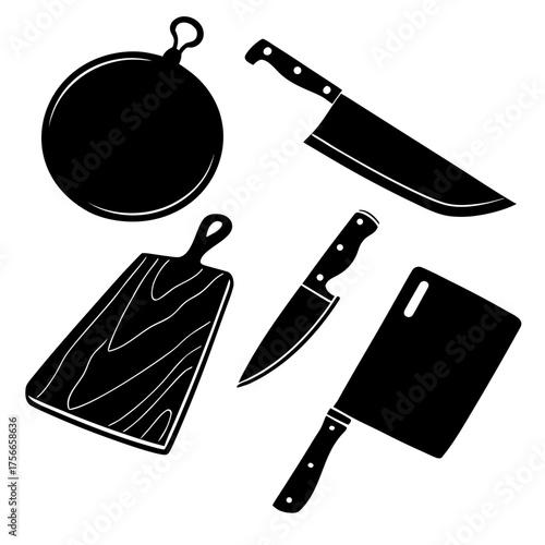 A collection of black silhouette kitchen knives and cutting boards including a round board a rectangular board a chef knife a paring knife and a cleaver isolated on a white background