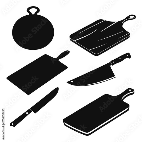 Collection of black silhouette cutting boards and kitchen knives arranged in a scattered pattern on a white background