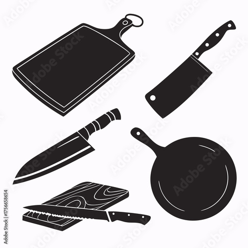 A collection of black silhouette kitchen utensils including various cutting boards and knives for food preparation and cooking