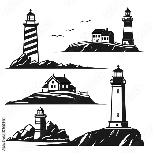 Collection of black and white silhouette illustrations of lighthouses and coastal houses situated on rocky shores and islands with seagulls flying above