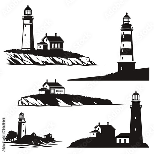 Collection of black and white silhouette illustrations of lighthouses and keeper houses situated on rocky coastal cliffs and islands