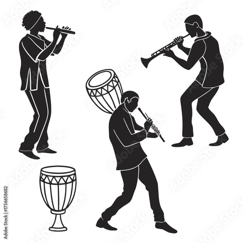 Silhouettes of three musicians playing wind instruments and drums in a dynamic composition representing a musical ensemble or band