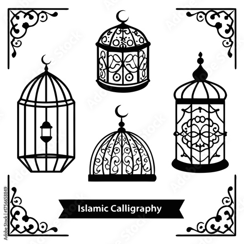 Collection of islamic decorative elements including ornate birdcages lanterns and corner ornaments with a banner reading islamic calligraphy