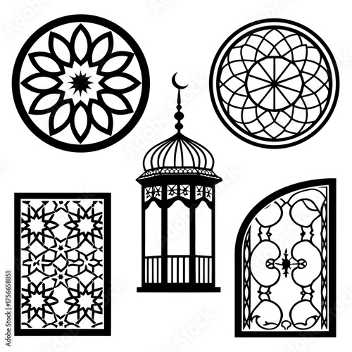Collection of islamic geometric patterns and architectural elements including a gazebo and decorative window designs in black silhouette on white background