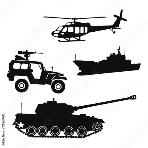 Collection of black silhouette icons representing military vehicles including a helicopter a tank a gunned jeep and a warship isolated on a white background