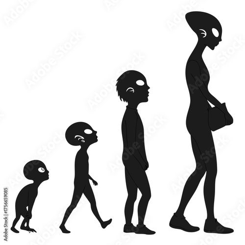 Alien life cycle progression from infant to adult showing evolutionary stages of humanoid extraterrestrial beings walking forward