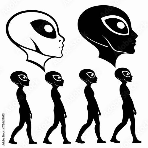 Set of stylized alien heads in profile one outlined and one solid black alongside a procession of four walking alien silhouettes in black on a white background