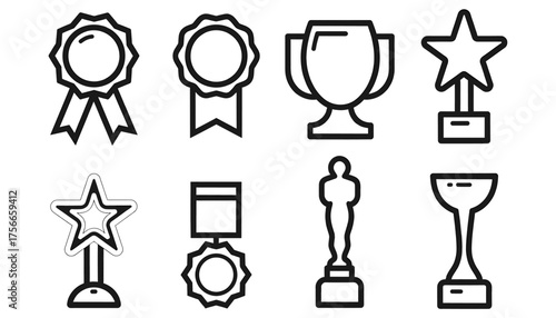 Monoline Vector Icon Set of Awards, Trophies, Medals, and Achievement Symbols, featuring Ribbons, Cups, and Star Statuettes for Competitions and Recognition.