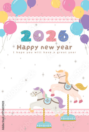2026年午年　ガーリーな白馬の年賀状テンプレート