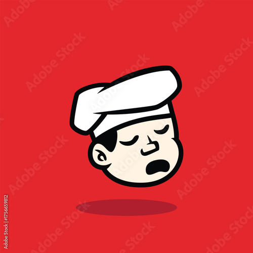Cartoon face of a happy chef winking with a big smile. Fun and friendly mascot vector illustration on red background. Perfect for restaurant logo or culinary brand identity.