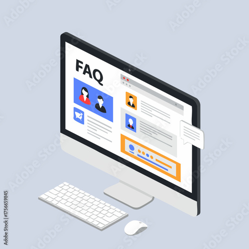 Isometric Detailed FAQ Page Displayed on Desktop Computer Screen