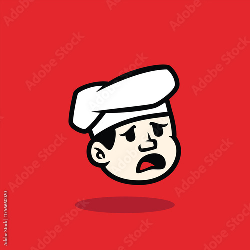 Cartoon face of a happy chef winking with a big smile. Fun and friendly mascot vector illustration on red background. Perfect for restaurant logo or culinary brand identity.