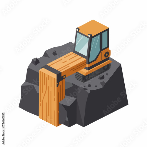Isometric Heavy Machinery Bulldozer with Rock Detail Industrial Mining Equipment