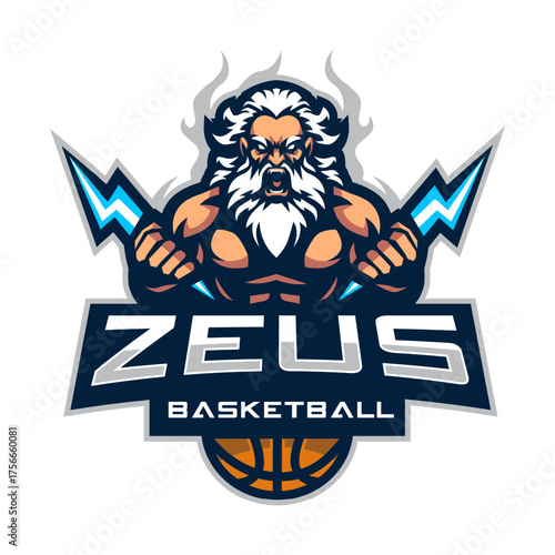 Zeus holding a lightning bolt logo