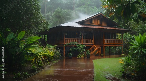 Cozy Wooden Cabin in Tropical Rainforest During Rain