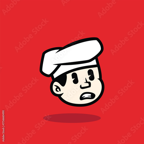Cartoon face of a happy chef winking with a big smile. Fun and friendly mascot vector illustration on red background. Perfect for restaurant logo or culinary brand identity.