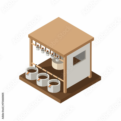 Isometric Minimalist Wooden Structure with Coffee Production Process Illustration