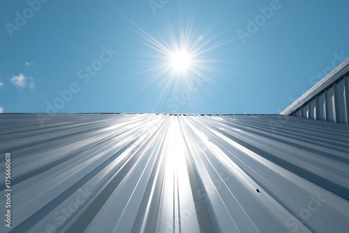 Sunlight reflecting off a metal roof against blue sky