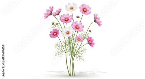 Bright and Elegant Pink and White Cosmos Flowers Illustration on White Background