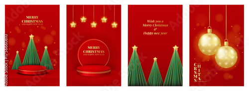 Merry Christmas vertical posters set with podium, Christmas trees, balls, festive greeting text. Red and gold colors. Vector illustration