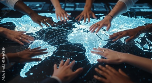 Global reach shown by a team's hands on a vibrant, interconnected world map display, symbolizing collaboration, technology, and international business connections