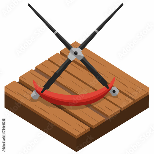 Isometric Illustration Crossed Scythe and Red Crescent on Wooden Base Object
