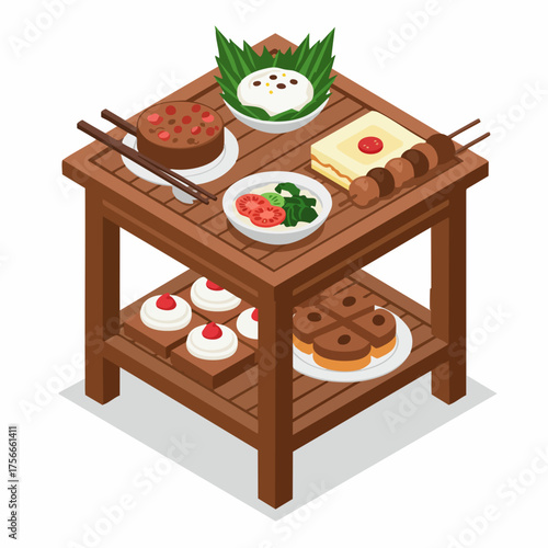 Isometric Detailed Illustration of Indonesian Food and Snacks on Table