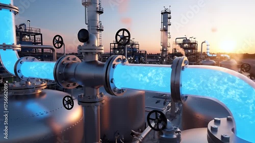 Captivating Oil Refinery at Dusk: Mesmerizing Liquid Flow and Industrial Landscape Visuals with sunset background, showcasing technological