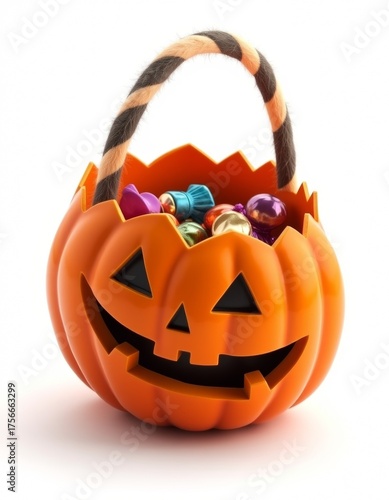 pumpkin-shaped halloween trick-or-treat bucket, filled with colorful candy, orange and black striped handle, jack-o-lantern face, highly detailed, photorealistic, 8k
