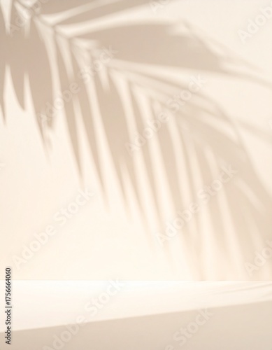 Blurred shadow from palm leaves on light cream wall. Minimalistic beautiful summer spring background for product presentation.