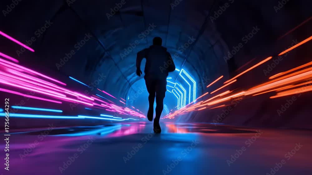 Silhouette of a man running fast through a futuristic tunnel with neon ...