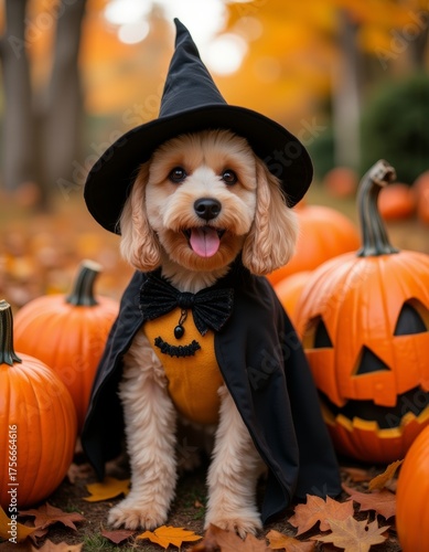 Adorable dog in witch costume amidst halloween pumpkins and autumn leaves halloween costumes holiday party horror design custom scary