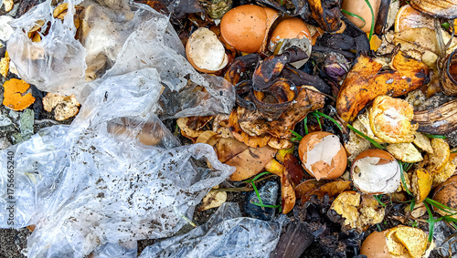 Bilde på lerret Close-up view of mixed garbage: compostable food scraps (egg shells, fruit peels) and non-biodegradable plastic on the ground