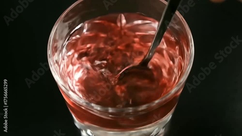 red liquid blending into clear water in a crystal glass