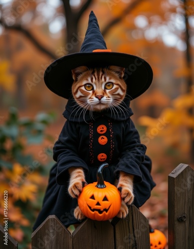 Adorable tabby cat in witch costume on autumn fence halloween costumes holiday party horror design custom scary