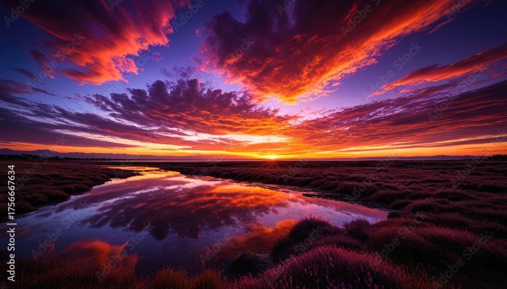 Fototapeta premium Stunning sunset painting, fiery clouds reflecting in calm water