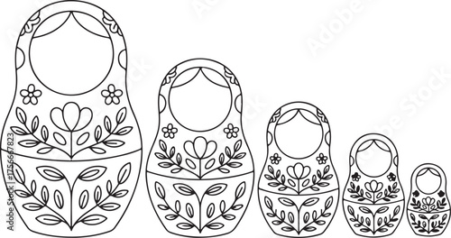 Set of Nesting Dolls with Flower Designs – Black and White Silhouette Vector Pack