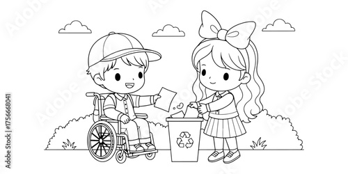 Chibi Kids Throwing Trash Properly Coloring Page