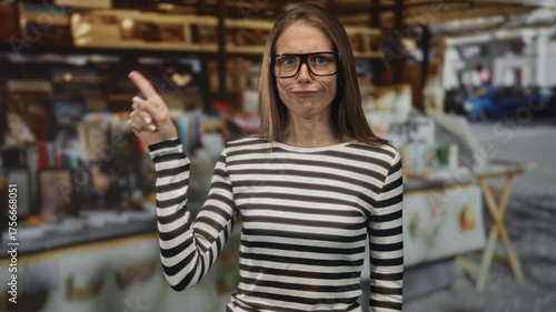 Wallpaper Mural Woman pointing index finger toward camera in a street market stall, striped shirt and glasses, hand raised in a clear warning gesture; firm disapproval. Torontodigital.ca