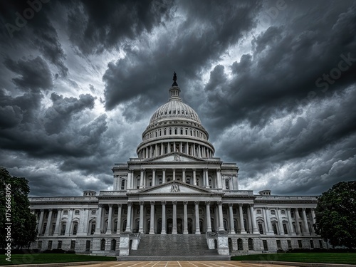US Capitol Building under a dramatic, stormy sky. Iconic architecture