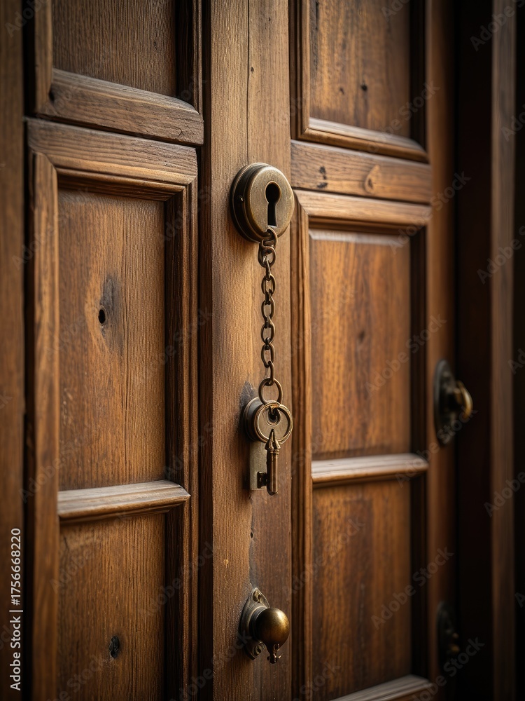 Fototapeta premium Close-up of wooden door with keys hanging, hinting at entrance, security, in neutral background