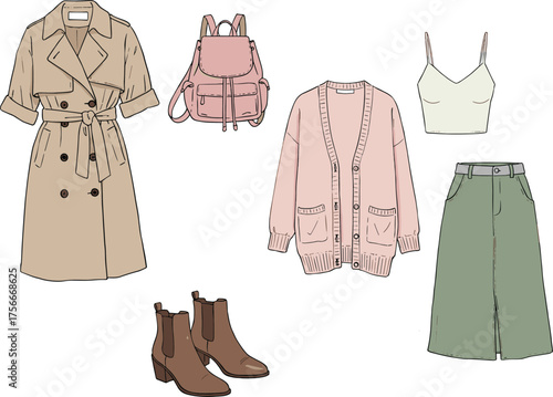 Autumn fashion item illustration, trench coat, cardigan, camisole, midi skirt, ankle boots, backpack, outfit sketch, cad drawing flat vector illustration