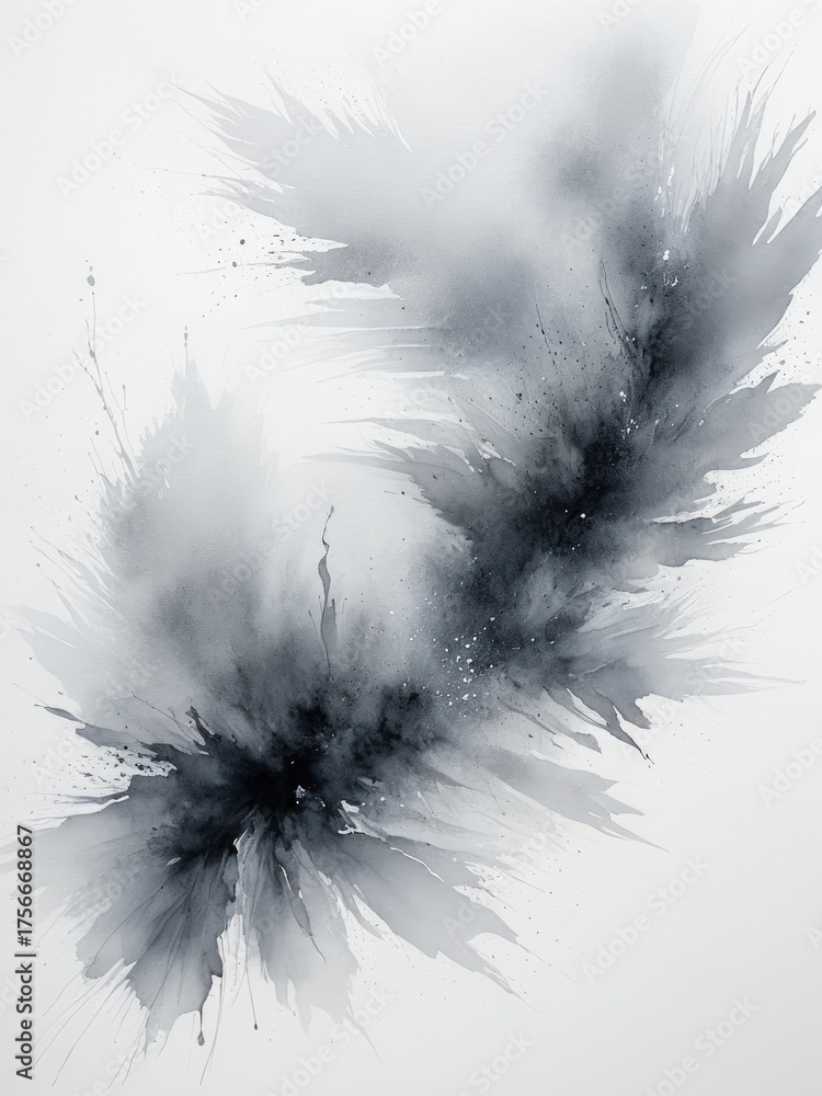 Fototapeta premium Abstract gray burst with splashes, a dynamic, explosive watercolor on white