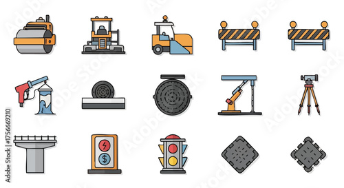 A collection of colorful construction icons, representing various tools and equipment used in roadwork and infrastructure projects.
