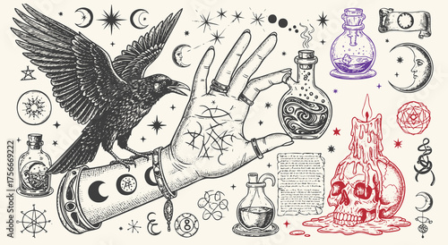 Mystical Halloween illustration featuring raven, witch hand, potion bottles, candle skull, moon, stars, and occult symbols.