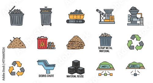 A collection of colorful recycling and waste management icons showcasing environmental sustainability and resource conservation concepts for various applications.