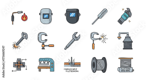 A collection of illustrated welding tools and equipment, showcasing various aspects of metal fabrication and repair processes in a vector design.