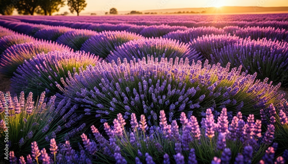 Fototapeta premium Lavender field glowing in golden hour sunlight with distant trees in horizon