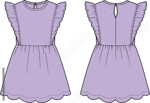 CAD drawing flat vector illustration, flutter sleeve girl dress, scalloped hem design, princess seam bodice, fashion template, front and back view